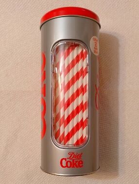 Coca Cola Diet Coke Tin Canister Straw Dispenser Utensils Holder
